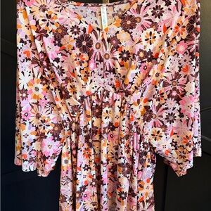 Floral V-Neck Women’s Blouson Top in Pink & Brown
